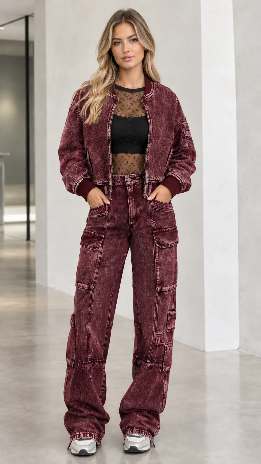 Washed Denim Bomber Jacket and Wide Leg Cargo Pants Two-Piece Set
