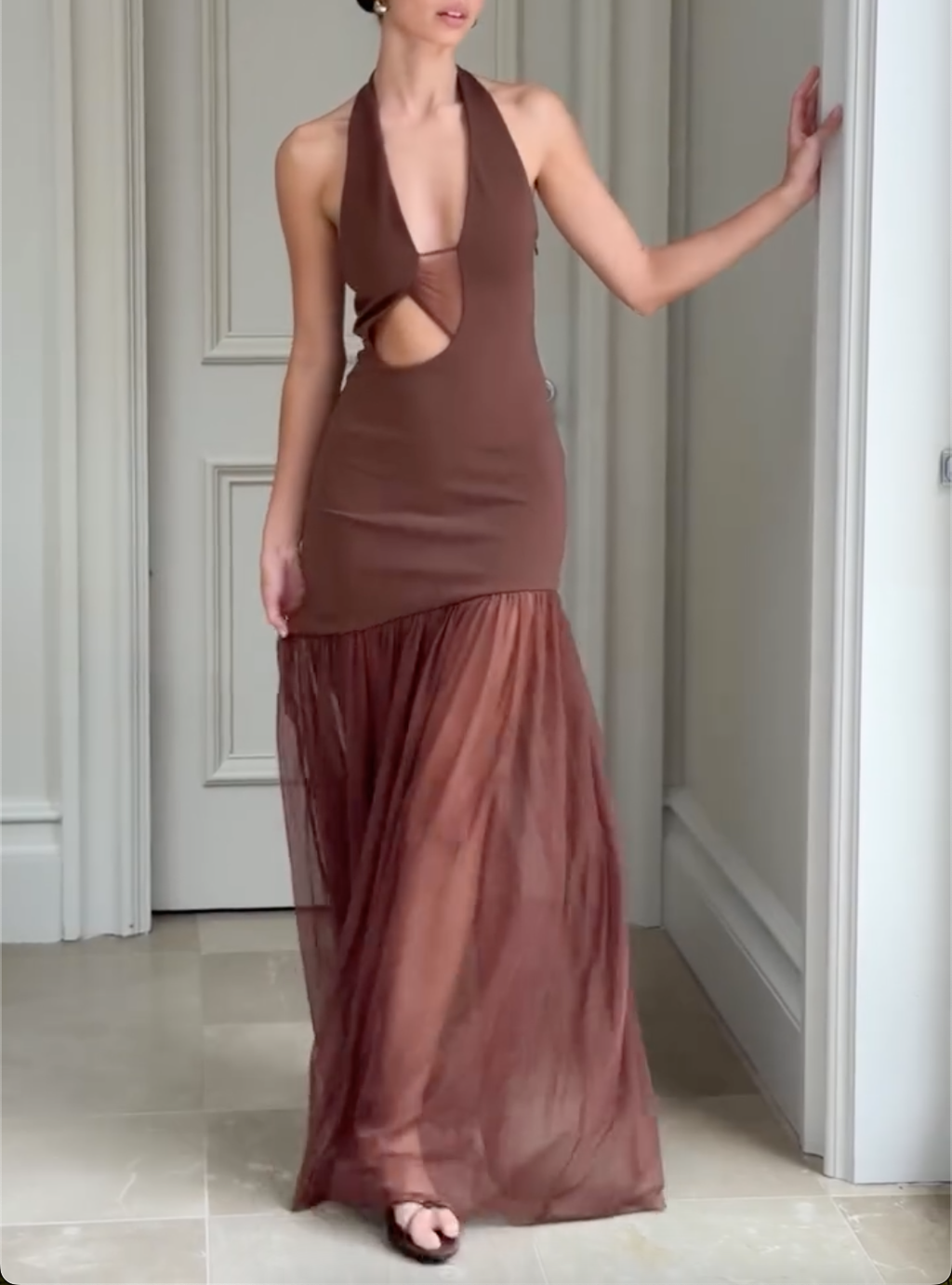 Caramel Brown Halter Maxi Dress with Cutout Detail & Sheer Mesh Mermaid Skirt
