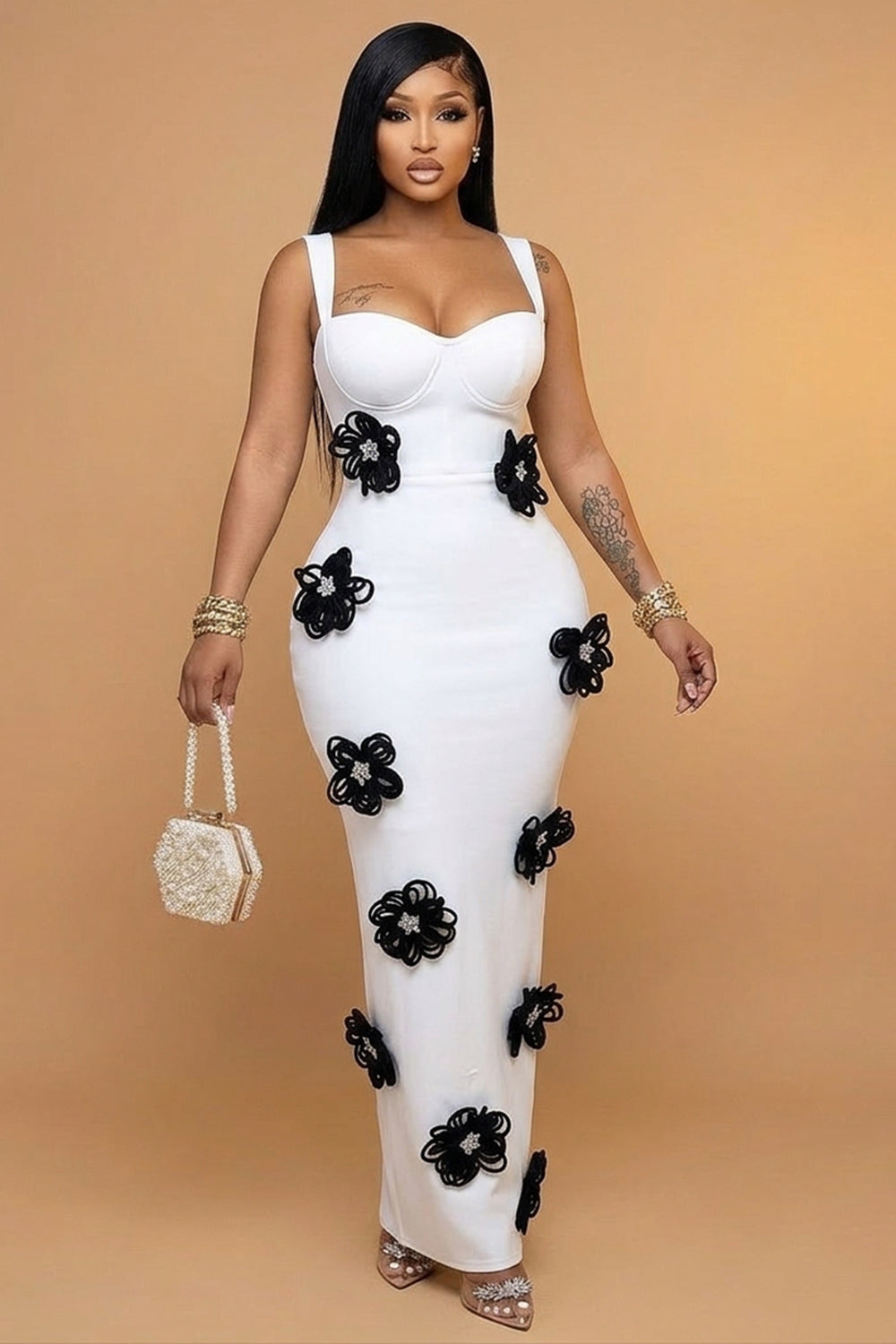 Square Neck Sleeveless 3D Flower Bodycon Gowns Maxi Dresses-White