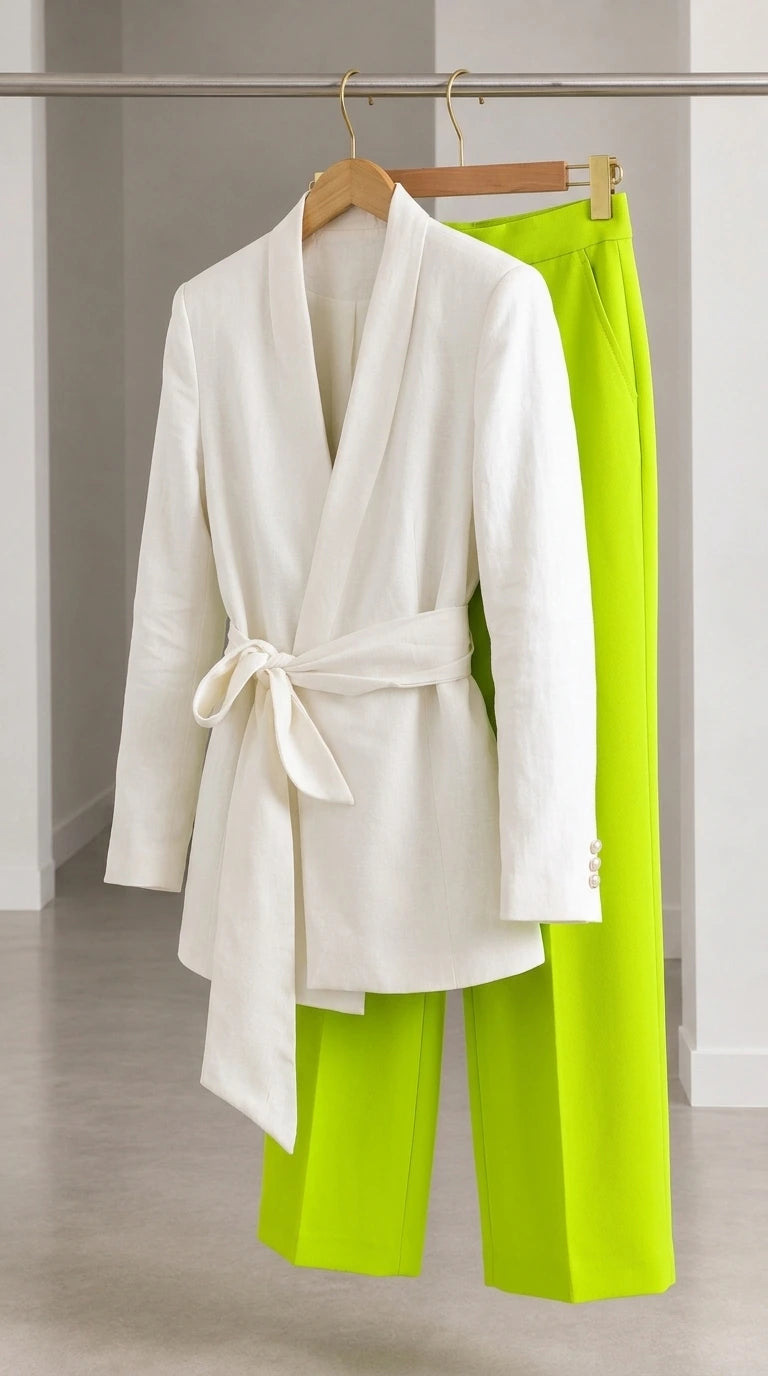 Women's Elegant Tie-Waist Wrap Blazer and Wide-Leg Trousers Two-Piece Suit Set
