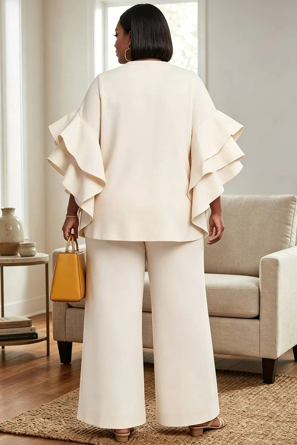 Vacation White Round Neck Flare Short Sleeve Ruffle Wide Leg Two Piece Pant Sets [Pre-Order]