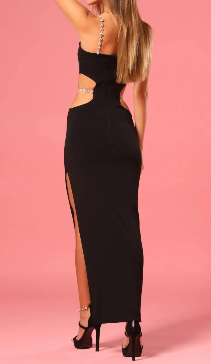Black Sleeveless Spaghetti Strap Cutout Waist Rhinestone Accent Bodycon High Slit Maxi Dress