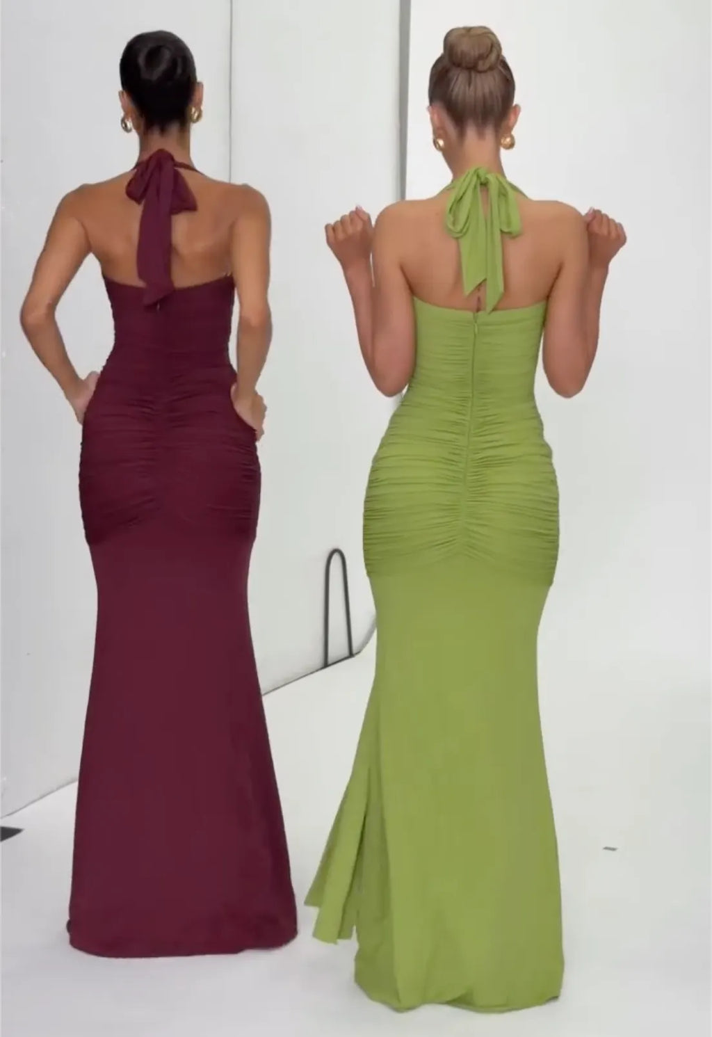 Burgundy/Lime Green Halter Deep V Ruched Mermaid Formal Evening Gown