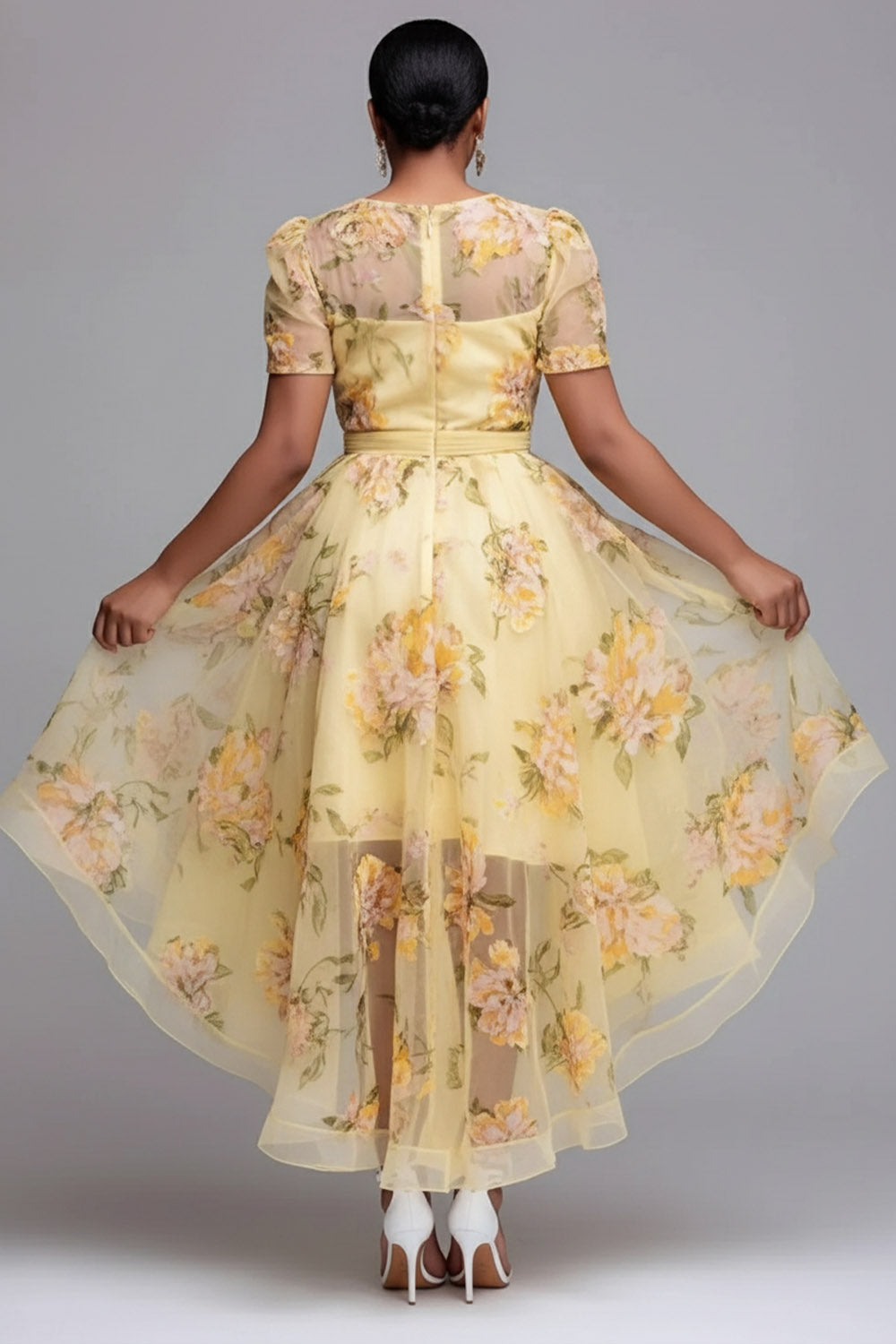 Wedding Guest Yellow Floral Round Neck Short Sleeve High Low Hem Tulle Midi Dresses