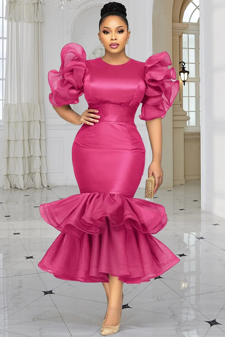Wedding Guest Tulle Hot Pink Round Neck Short Sleeve Ruffle Tiered Satin Midi Dresses