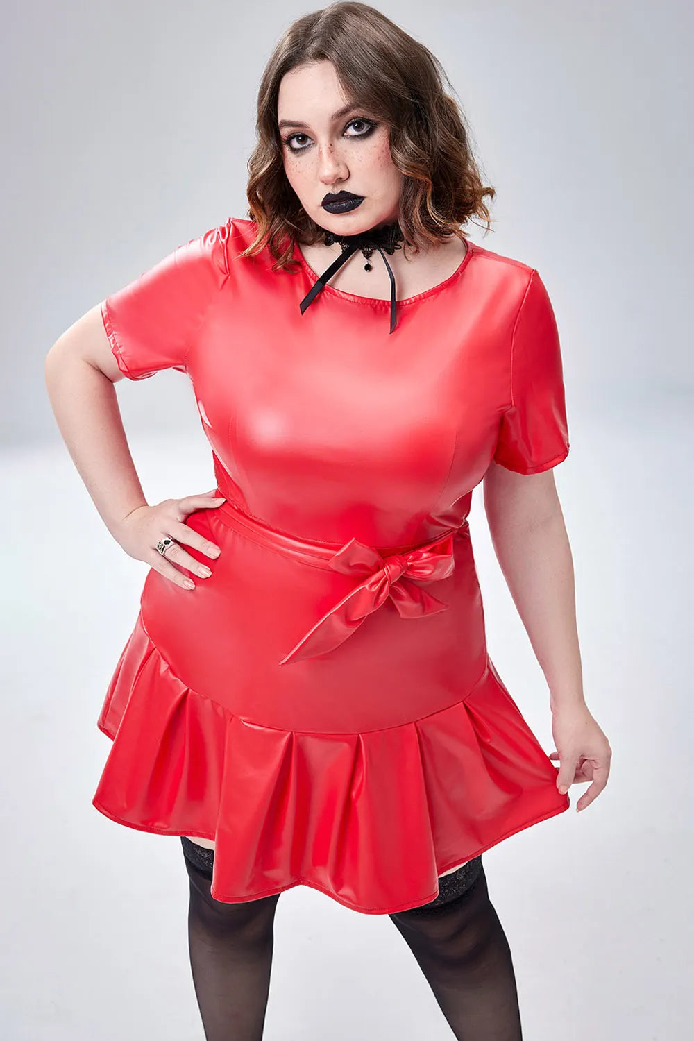 Halloween Costume Red Pu-Leather Short Sleeve Wrap Mini Dress(Ships 24h)