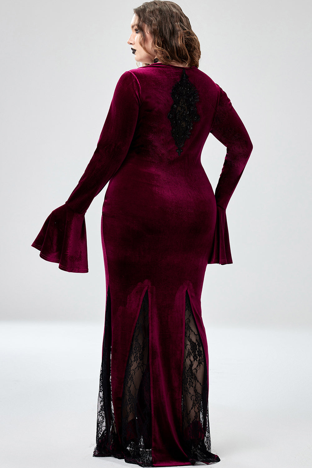 Halloween Costume Burgundy Witches Gothic V-Neck Trumpet Sleeve Velvet Lace Maxi Dress(Ships 24h)