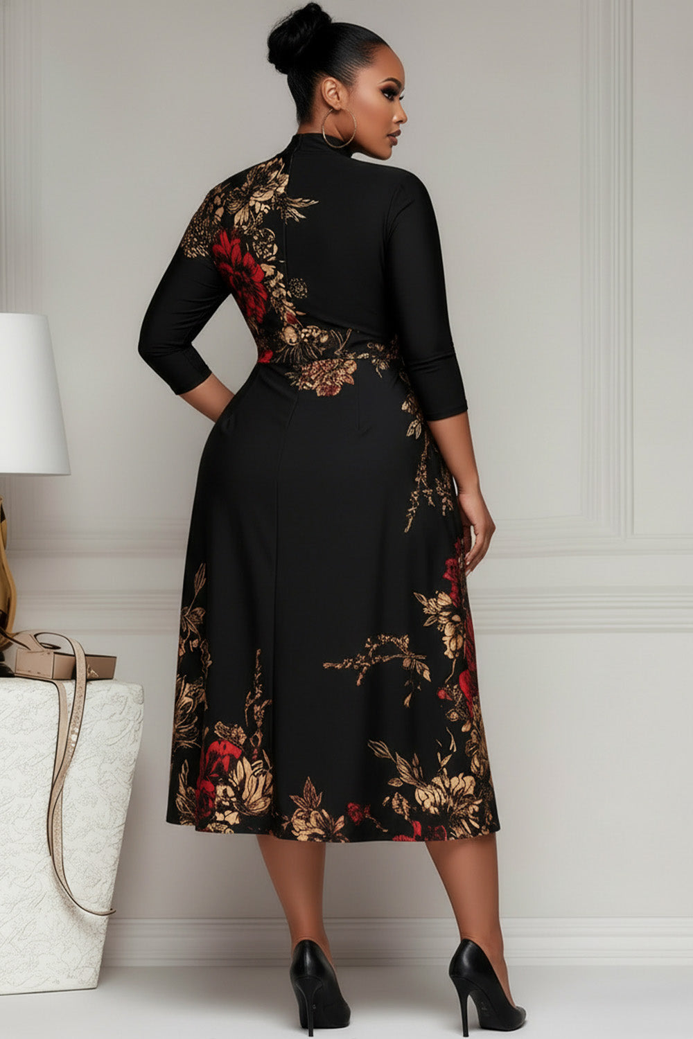 Business Casual Black Floral Round Neck Long Sleeve Pocket Elegant Midi Dresses