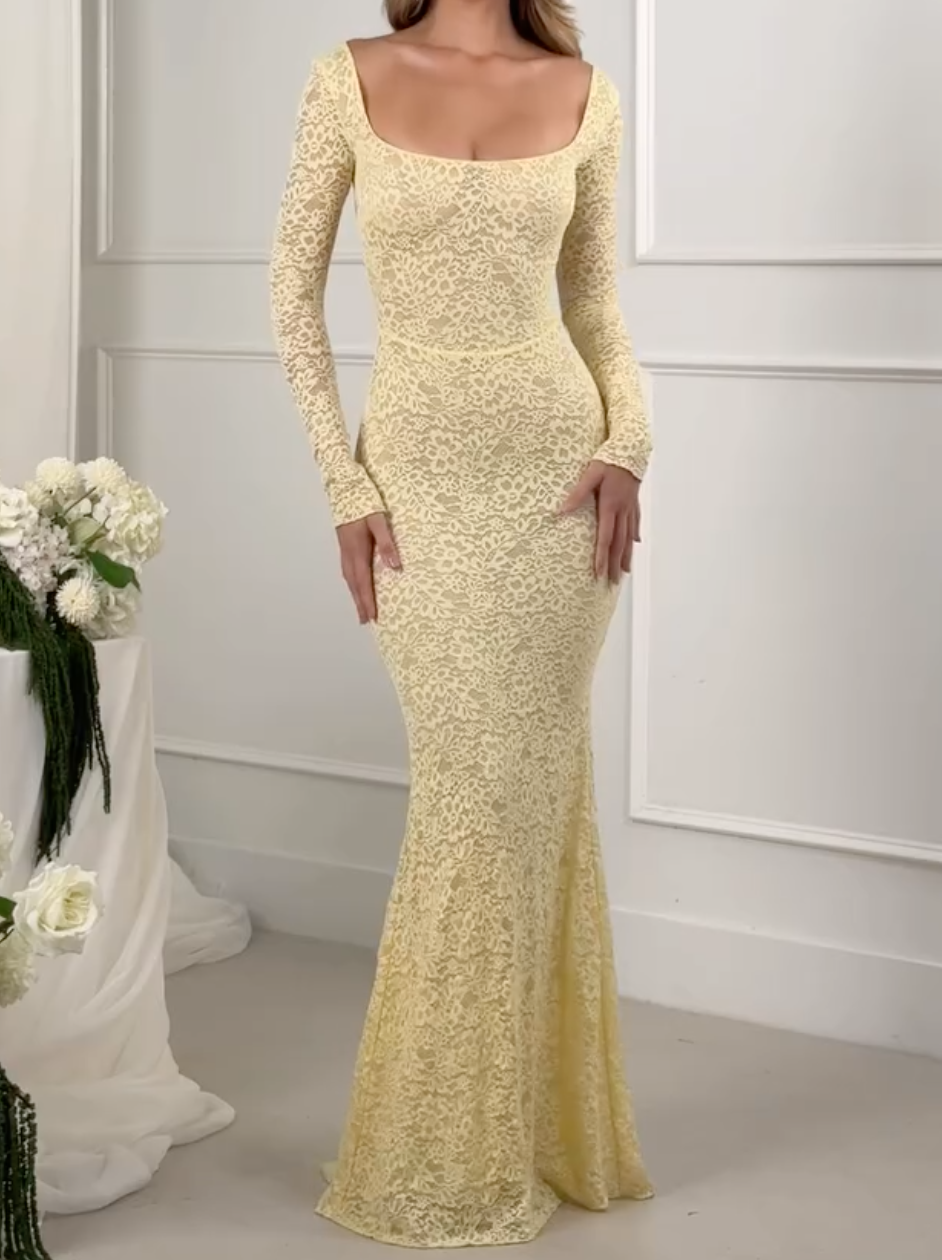 Yellow Long-Sleeve Lace Mermaid Maxi Dress with Cross-Back Detail - Formal Evening Gown