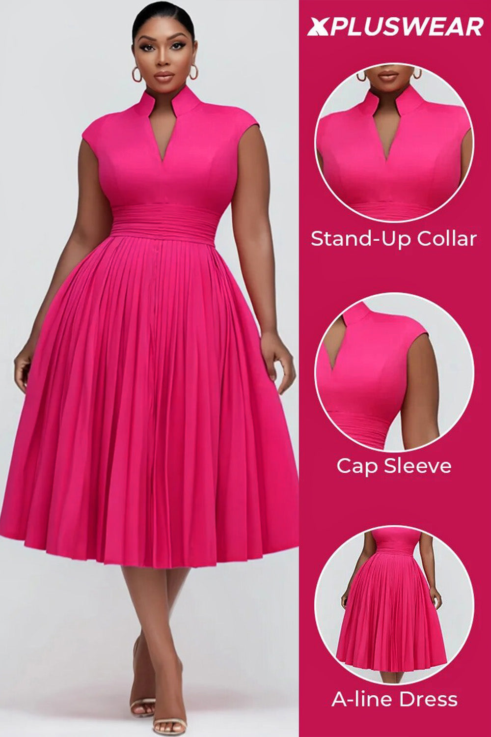 Cocktail Party Hot Pink Stand-Up Collar Cap Sleeve Pocket Fold Midi Dresses