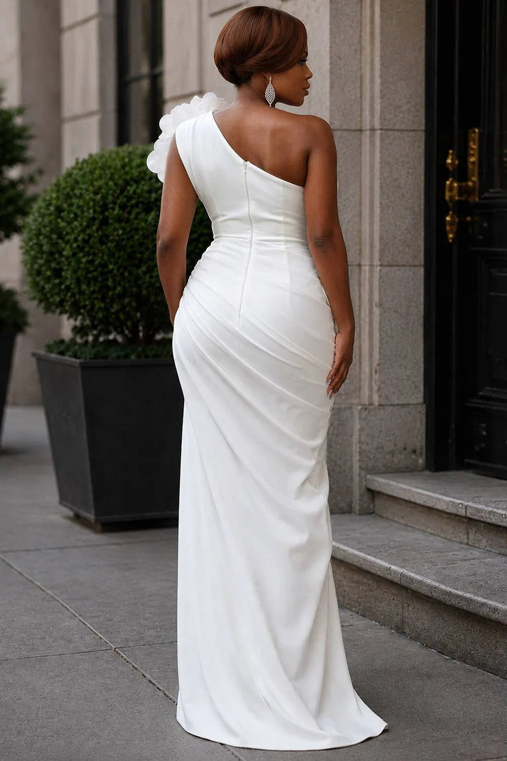 Wedding White Elegant One Shoulder Strappy 3D Maxi Dresses