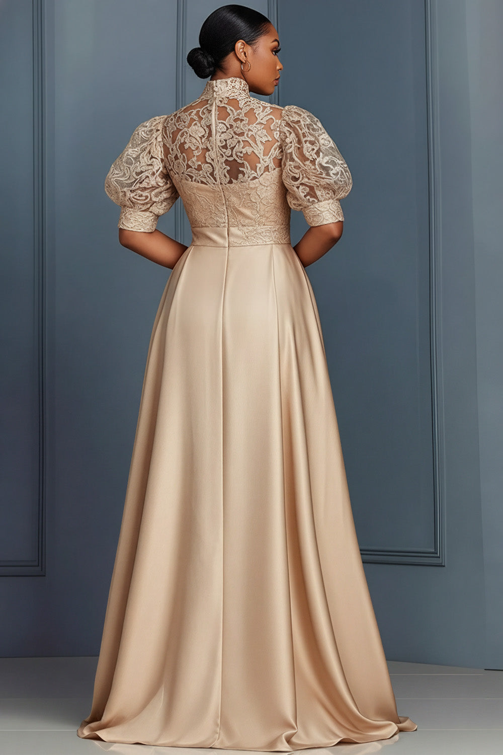Satin Champagne Stand-Up Collar Puff Sleeve Short Sleeve Pocket With Skirt Overlay Lace Jumpsuits
