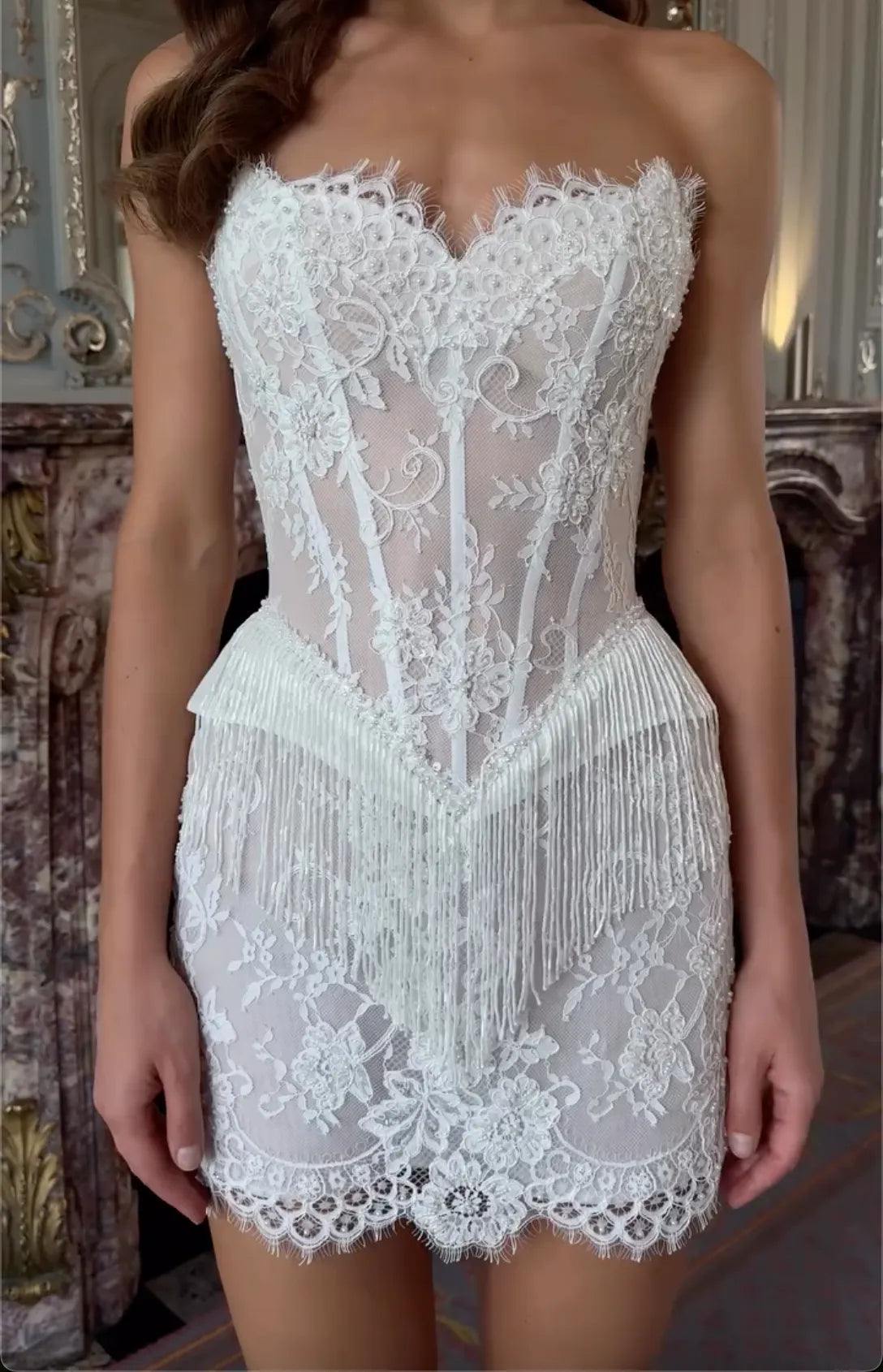 White Strapless Lace Corset Mini Dress with Fringe Waist Detail