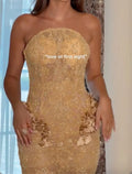 Strapless Sheer Lace Beaded Mermaid Evening Gown, Champagne 3D Floral Appliqué Bodycon Formal Maxi Dress