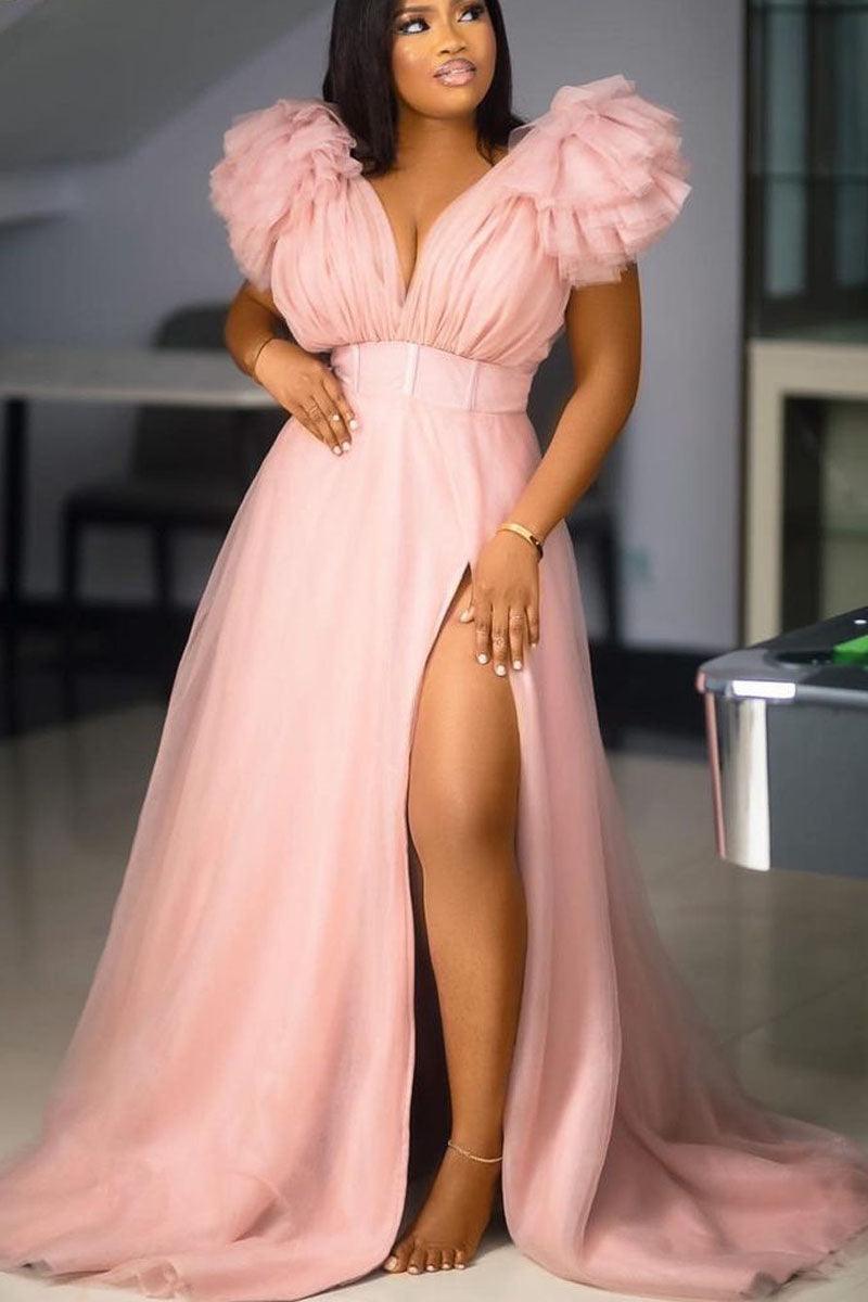 Pink Split Joint V Neck Tulle Ruffle Trailing Maxi Dress