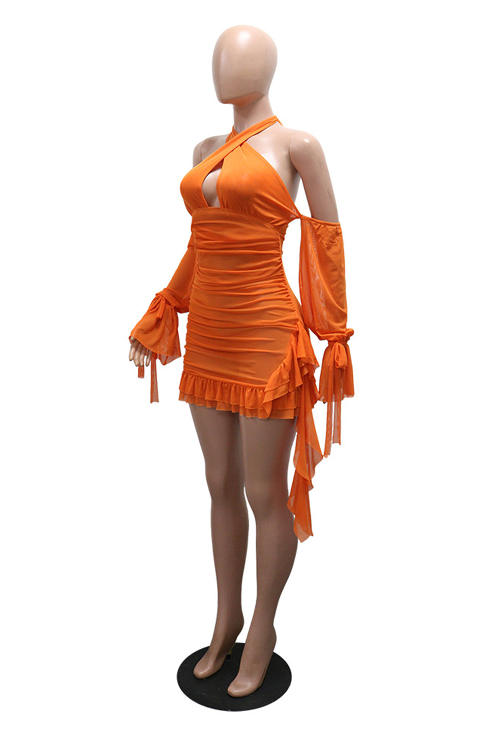 Halter Neck See Through Mesh Backless Side Sash Slim Fit Mini Dresses-Orange