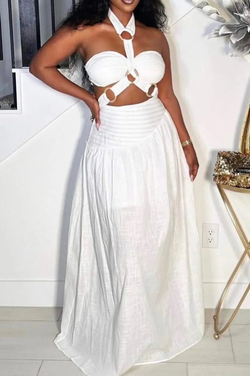 Women's  Casual Sleeveless Halter Maxi Dress with Cutout Waist and Flowy Skirt