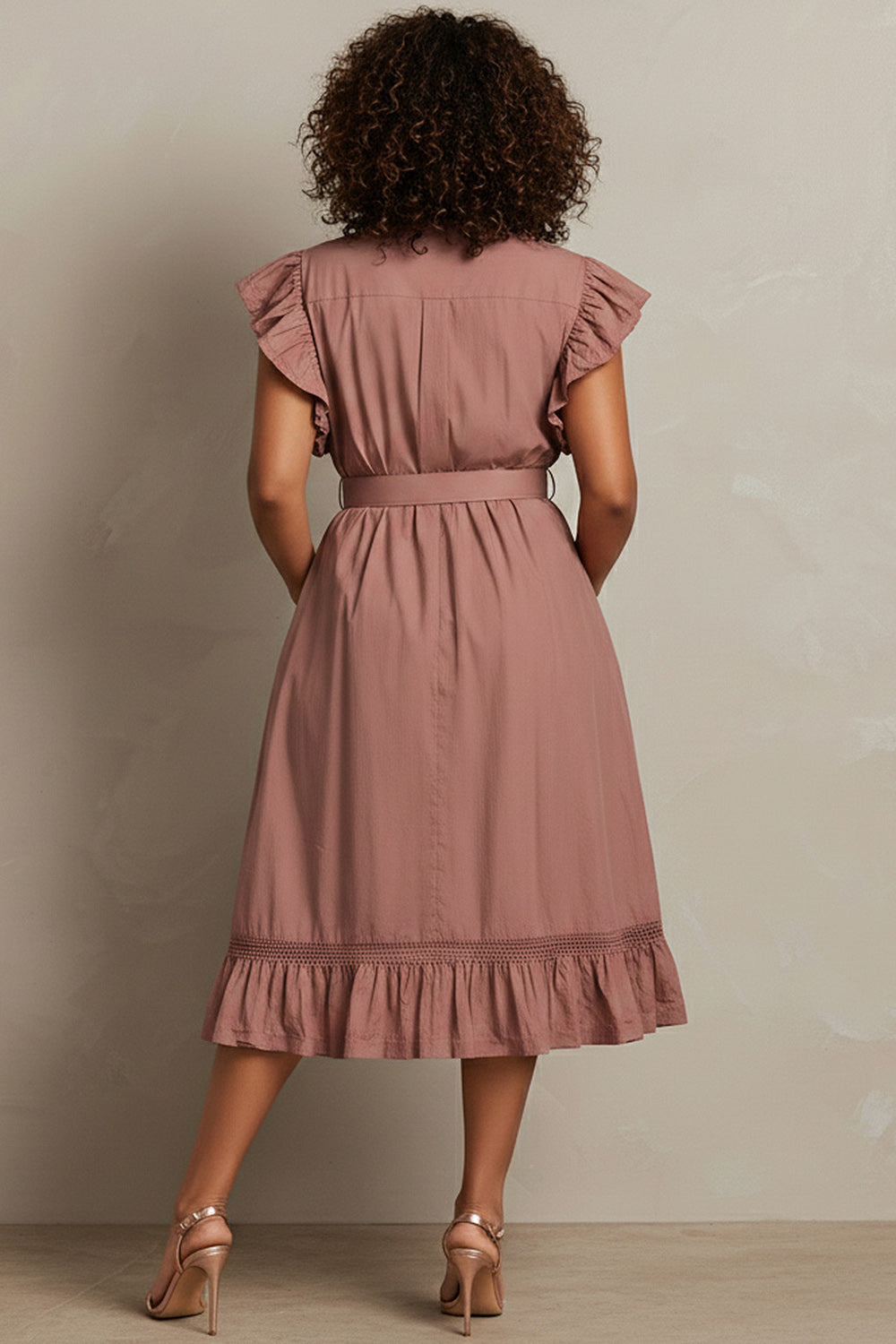 Business Casual Pink Shirt Collar Flutter Sleeve Ruffle Pocket Midi Dresses