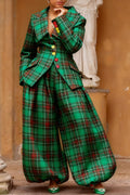 Christmas Green Plaid Turndown Collar Long Sleeve Pocket Elegant Jogging Two Piece Pant Sets