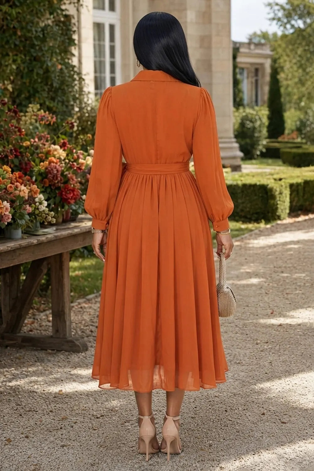 Turndown Collar Lantern Sleeve Wrap Button Midi Dresses-Orange [Pre Order]