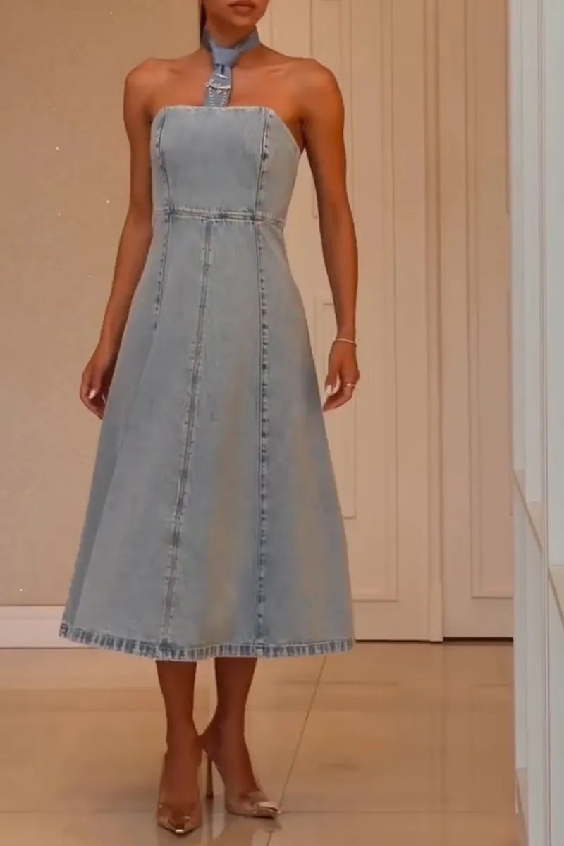 Women's Elegant A Line Hem Bustier Denim Dress