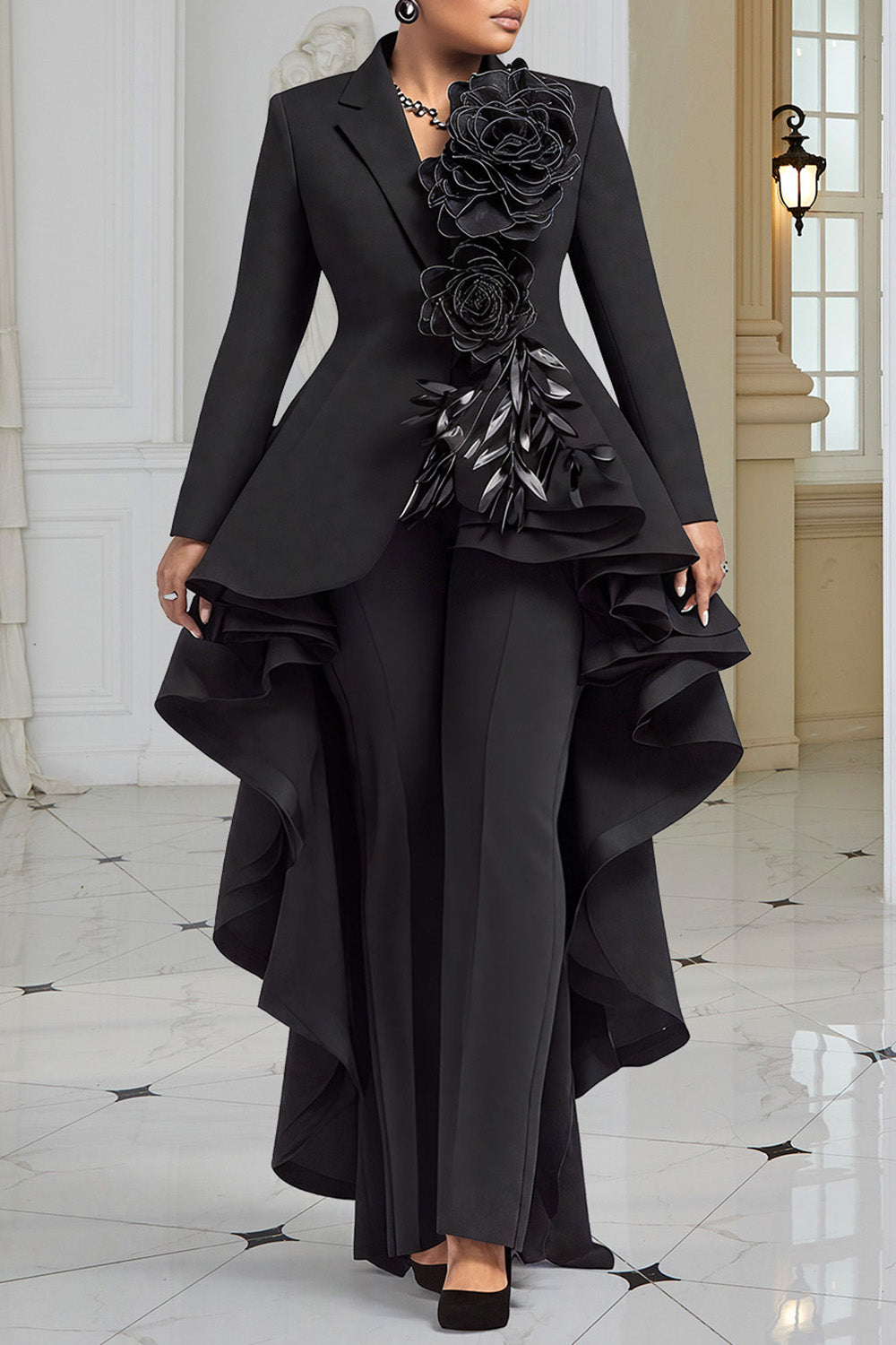 Wedding Guest Black Lapel Collar Long Sleeve Asymmetric Hem Elegant 3D Two Piece Pant Suits