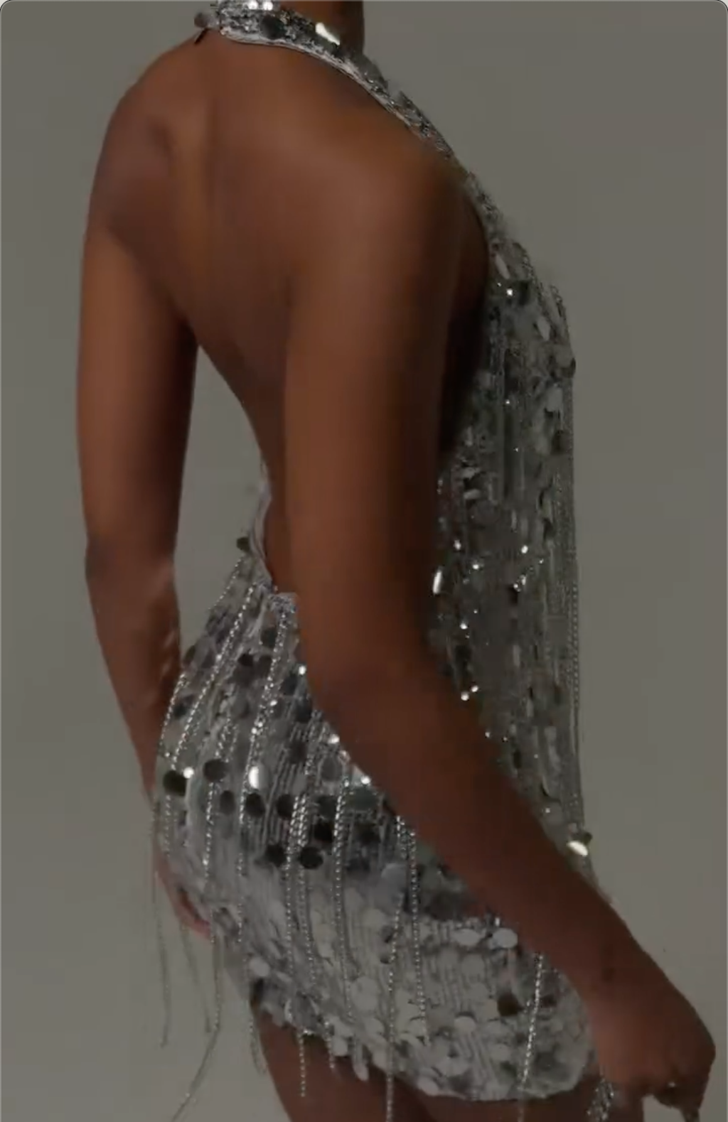 Silver Halter Neck Sequin Disc Mini Dress with Chain Fringe