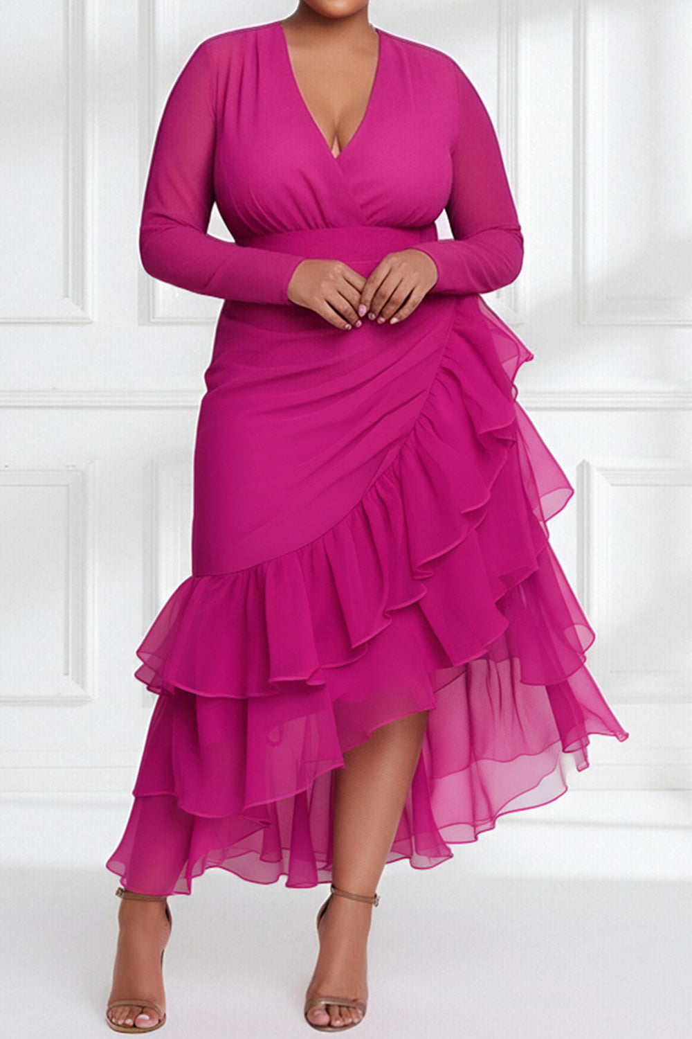 Wedding Guest Hot Pink V Neck Long Sleeve Ruffle Asymmetric Hem Irregular Hem Midi Dresses