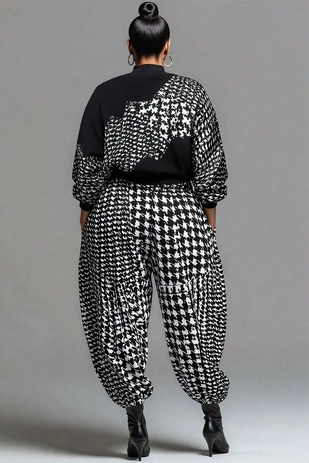 Business Casual Grey Houndstooth Mock Neck Long Sleeve Pocket Casual Jogging Two Piece Pant Sets