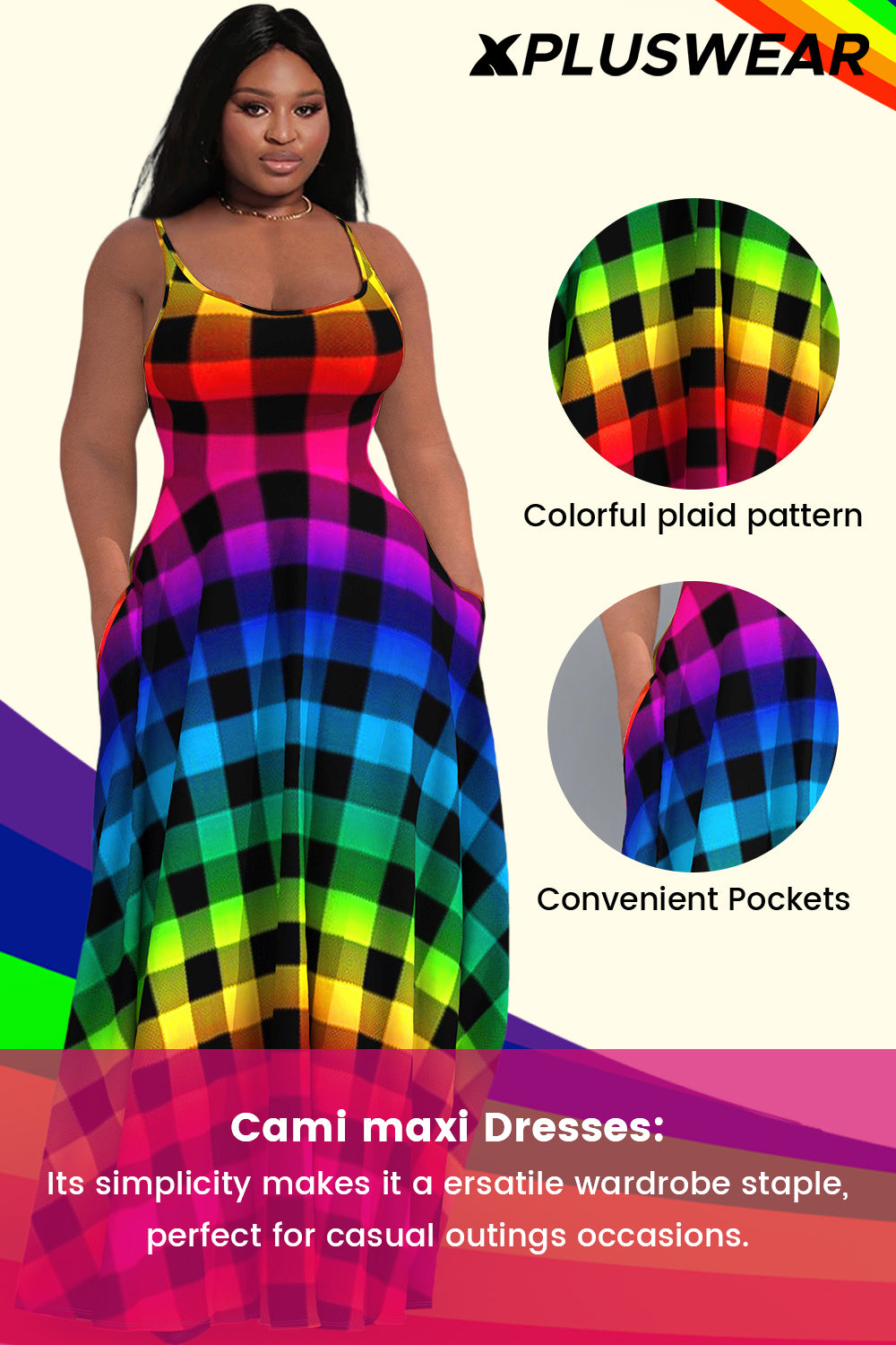 Casual Sundress Rainbow Gradient Plaid Pockets Cami Maxi Dress