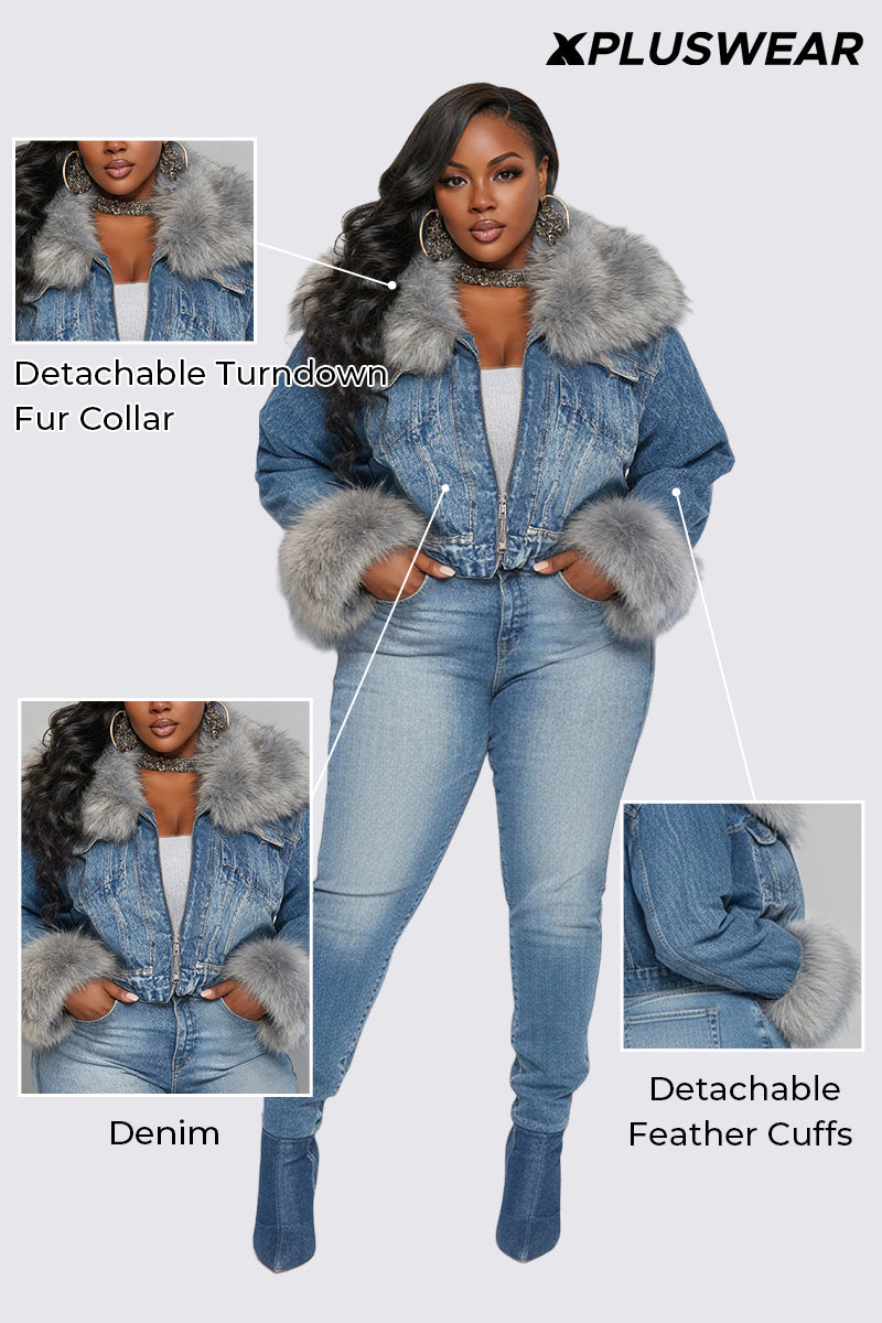 Xpluswear Design Plus Size Daily Blue Turndown Collar Long Sleeve Feather Elegant Contrast Denim Jacket