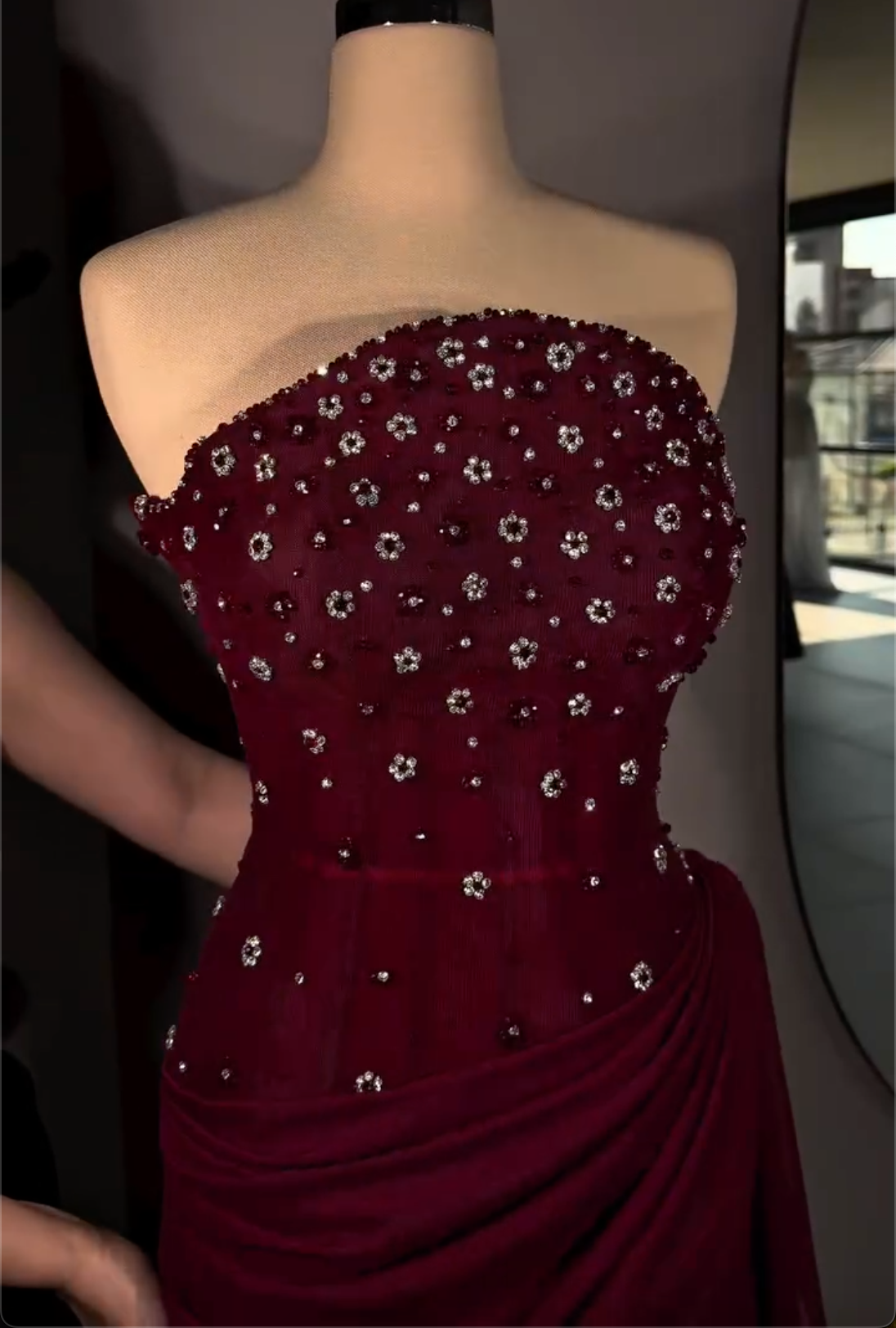 Burgundy/Black Strapless Maxi Dress with Floral Crystal Beading & Draped Skirt