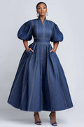 Xpluswear Design Plus Size Business Casual Blue Mock Neck Puff Sleeve Short Sleeve Pocket Elegant Tencel Denim Midi Dresses