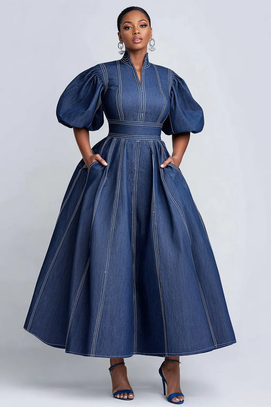 Business Casual Blue Mock Neck Puff Sleeve Short Sleeve Pocket Elegant Tencel Denim Midi Dresses