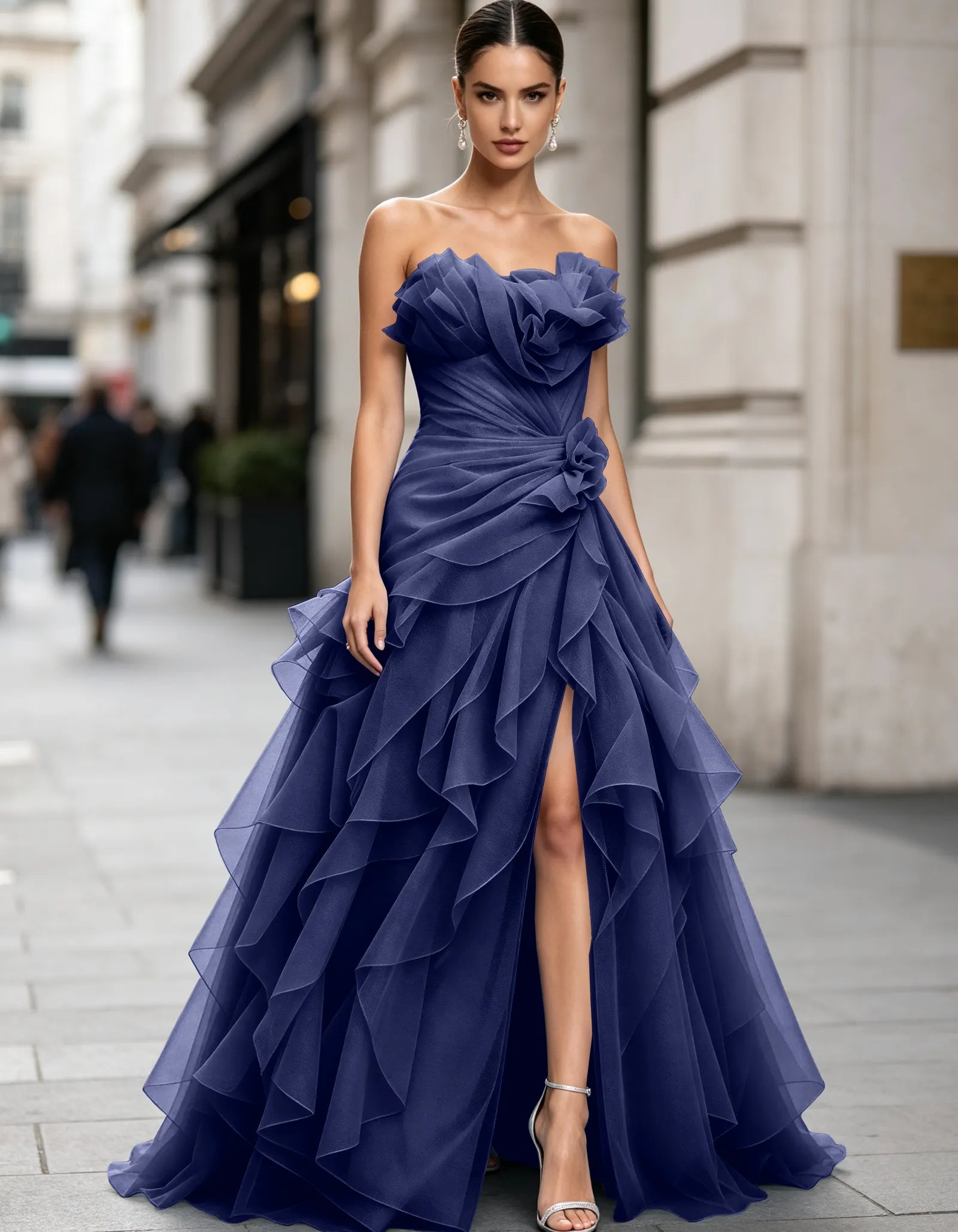 Voluminous Floral Ruffle Strapless Tulle Mermaid  Maxi Dress