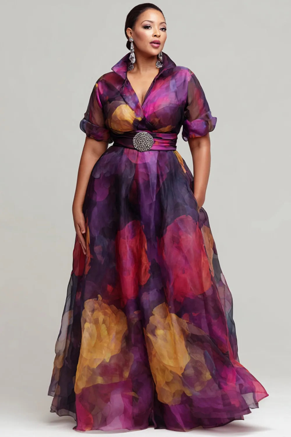 Purple Floral Short Sleeve Pocket Organza Maxi Dresses