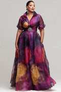 Purple Floral Short Sleeve Pocket Organza Maxi Dresses