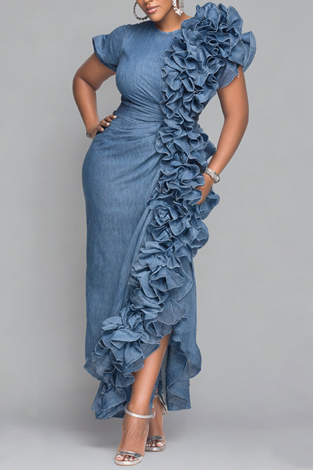 Xpluswear Design Plus Size Cocktail Party Blue Round Neck Short Sleeve Ruffle Pocket Tencel Denim Maxi Dresses