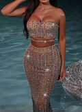 Champagne Nude Rhinestone Strapless Crop Top and Maxi Skirt Set