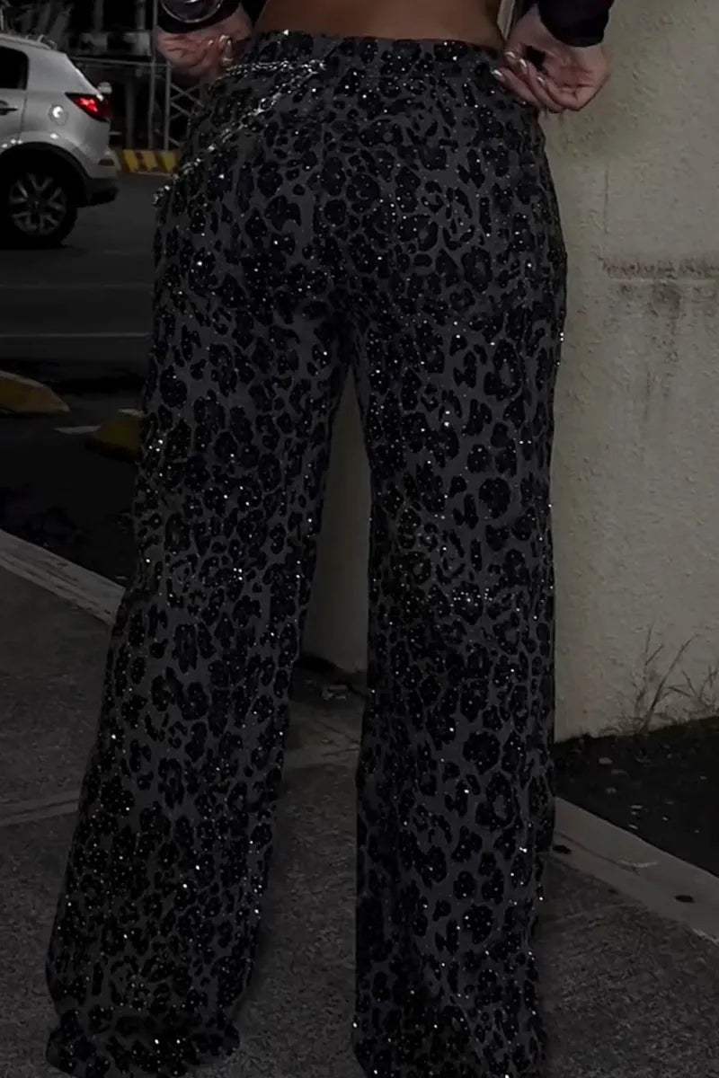 Lady's Leopard Print Rhinestone Jeans