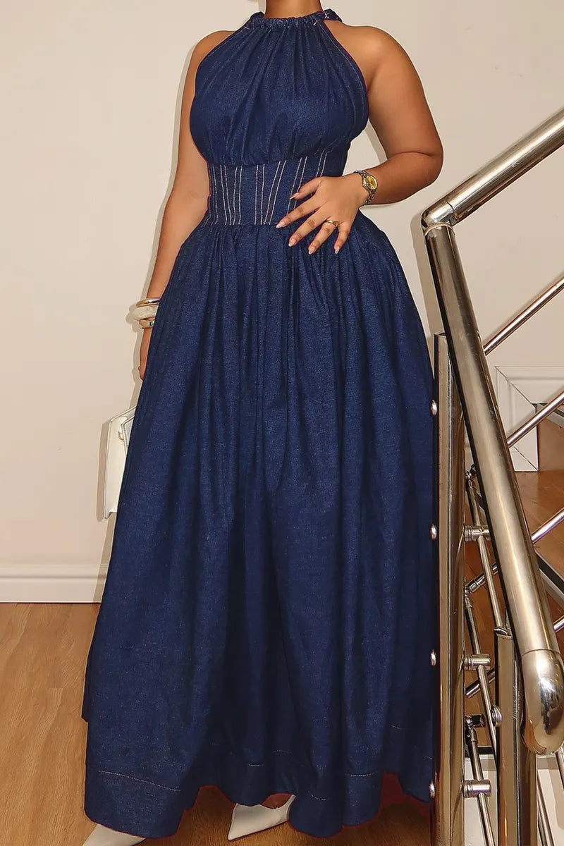 Women‘s Elegant Waist-Defined Denim Dress