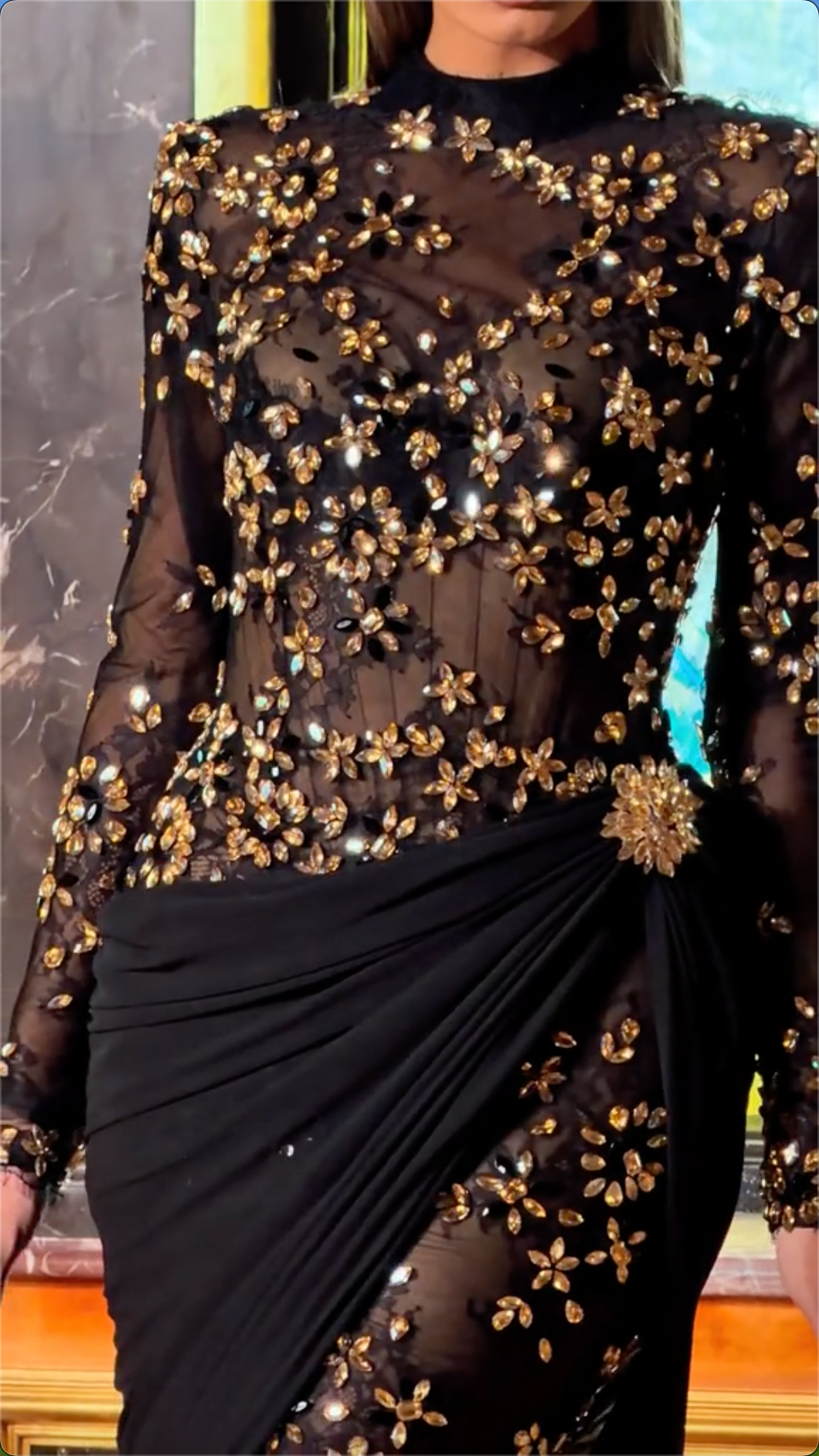 High Neck Floral Sequin Draped Maxi Dress