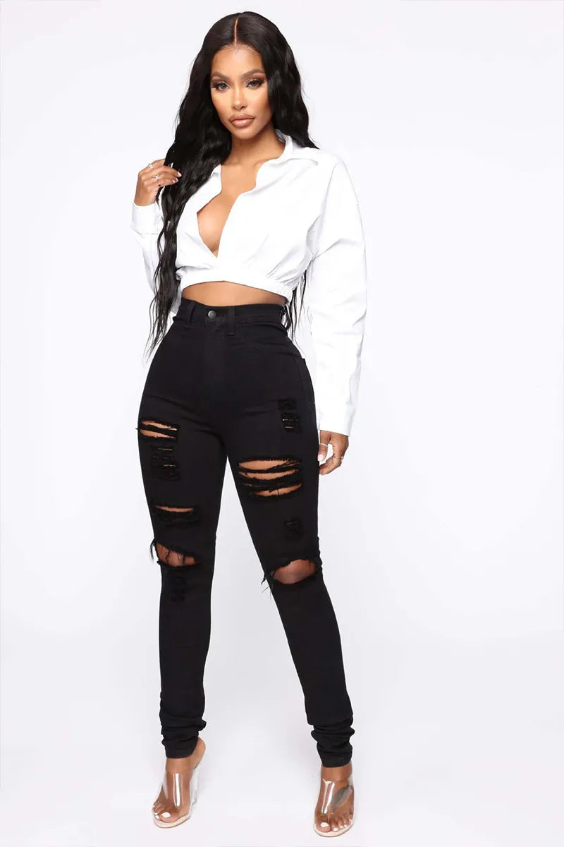 High Street Ripped Knee Stretch Skinny Jeans For Women