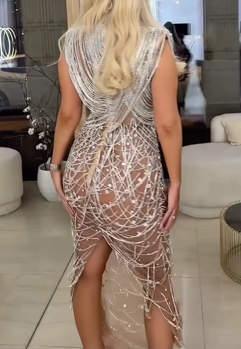 Silver Chainmail Plunge V-Neck Sheer Midi Dress