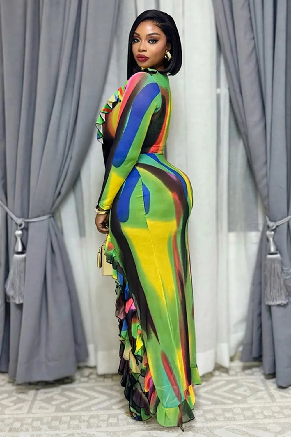 V Neck Ruffled Irregular Hem Slit Colorblock Vacation Maxi Dresses-Multicolor