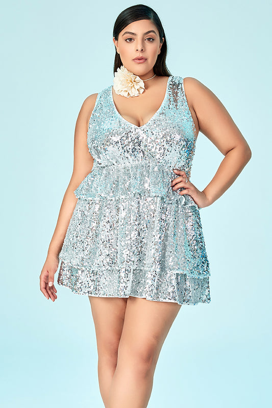 Homecoming Dress Silver V-Neck Sequin Ruffle Mini Dress