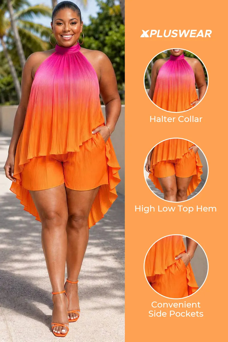 Vacation Casual Orange Gradient Halter Collar Pleated Pocket Two Piece Short Sets [Pre-Order]