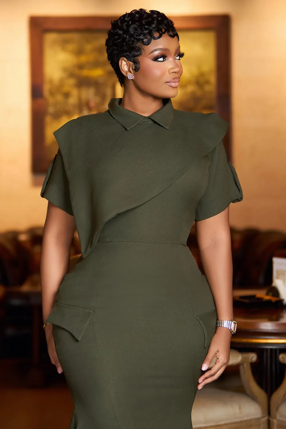 Turndown Collar Short Sleeve Bodycon Casual Maxi Dresses-Beige