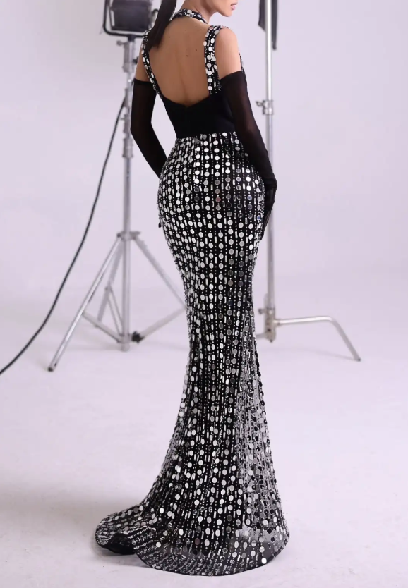 Black & White Mirror Sequin Halter Maxi Dress with Train & Deep V