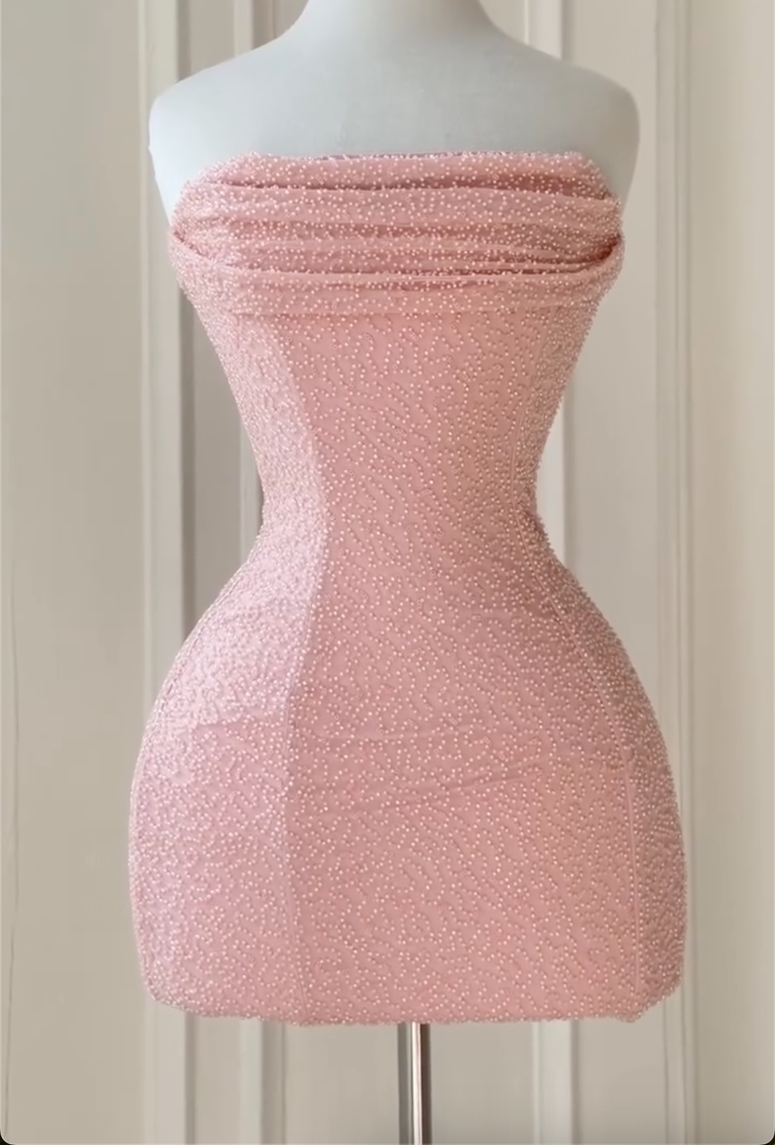 2-Color Strapless Pearl-Embellished Corset Mini Dresses - Pink / White Formal Party Gowns